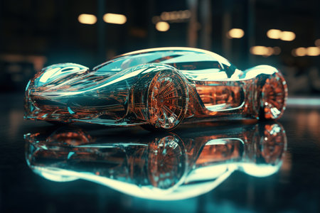 3D render of a sports car on reflective surface with reflection.の素材
