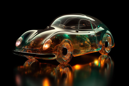 3D rendering of a vintage car on a black background with reflectionの素材
