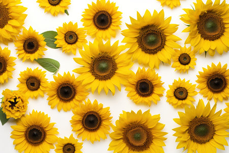 Sunflowers isolated on white background. Flat lay, top view.の素材