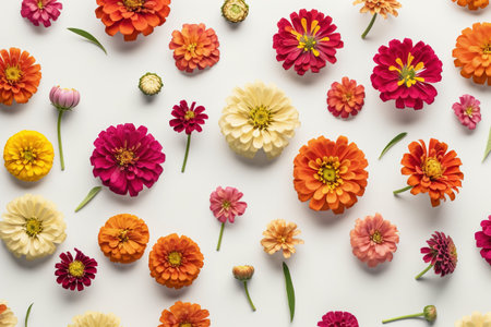 Colorful zinnia flowers on white background. Flat lay, top viewの素材