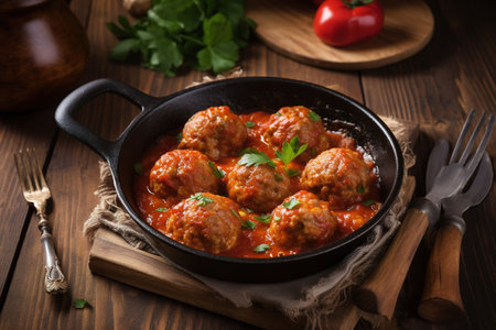 Meatballs in tomato sauce in a frying pan on a wooden tableの素材