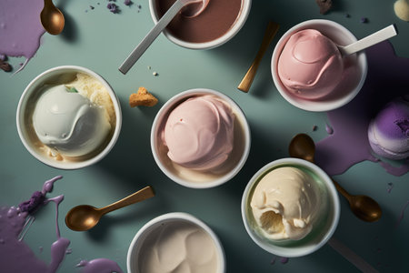A lot of different colorful ice cream in cans on a white backgroundの素材