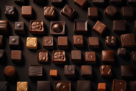 Assorted chocolate candies on dark background. Top view. Flat lay.の素材