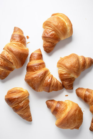 Tasty croissants on white background, top view. French breakfastの素材