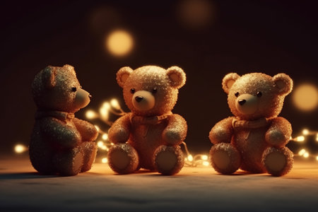 Three teddy bears with christmas lights on a dark background.の素材