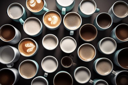 Many cups of coffee on a dark background. View from above.の素材