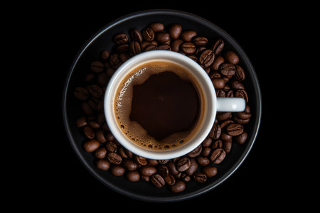 Coffee cup and coffee beans on black background, top viewの素材