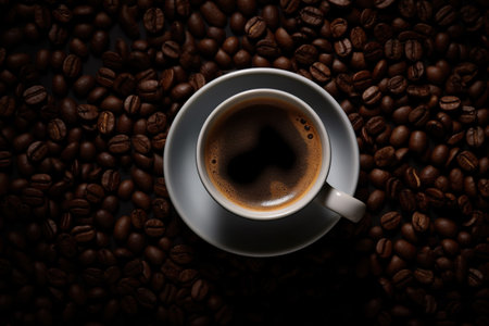 Coffee cup and coffee beans on dark background, top viewの素材