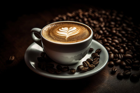 Coffee cup and coffee beans on black background, top viewの素材