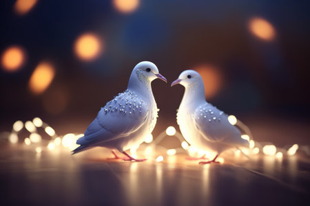 Christmas background with two white pigeons on bokeh lights backgroundの素材