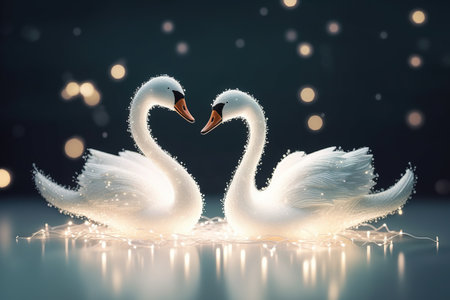 Two swans made of white feathers with bokeh lights on backgroundの素材