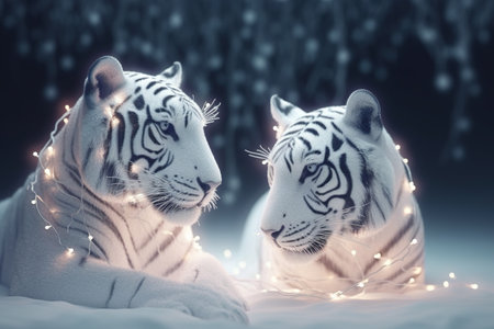 Two white tigers with garland. Christmas and New Year concept.の素材