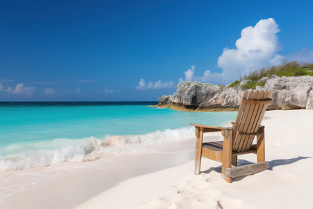 Wooden chair on white sand beach with turquoise ocean waterの素材