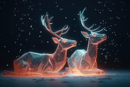 3d rendering of two reindeer on dark background with snowの素材