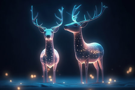 Digital illustration of a pair of deers with glowing antlers.の素材