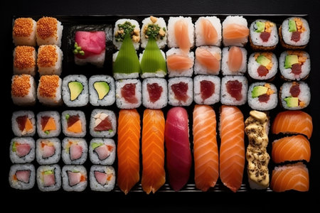 Sushi set on a black background, top view, close-upの素材