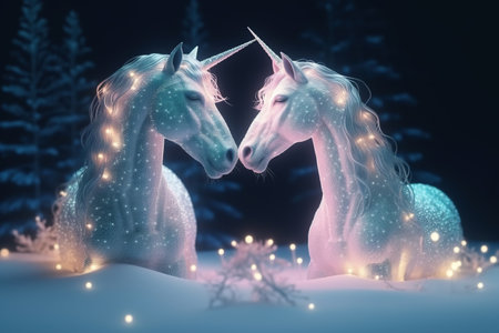 Two unicorns in winter forest with lights. 3d rendering.の素材