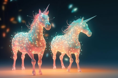 Unicorn with neon lights. 3d rendering, 3d illustration.の素材