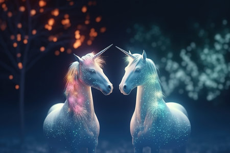 Two unicorns in magical forest. Fairytale scene. 3D renderingの素材