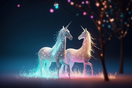 Unicorn in magical forest. Fantasy illustration. 3D renderingの素材