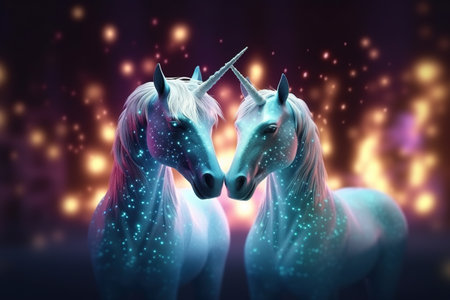 Two unicorns with sparkles in the background. 3d renderingの素材
