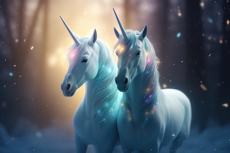 Two unicorns in the winter forest. Magic concept. 3D renderingの素材