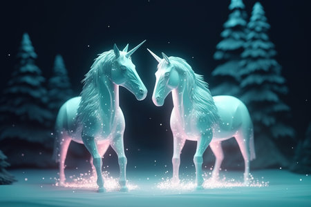 Two unicorns in the winter forest. Fairytale scene. 3D renderingの素材