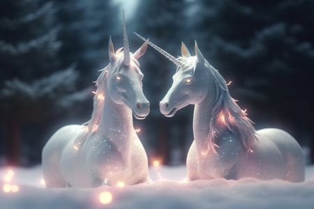 Two unicorns in the snowy forest at night. Christmas background.の素材