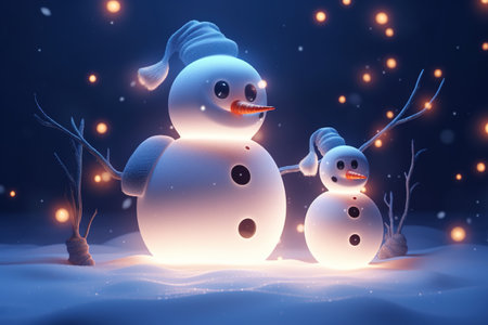 Snowman family in winter landscape. Christmas and New Year background.の素材