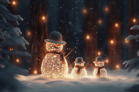 Snowman family in winter forest. Christmas and New Year concept.の素材