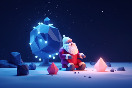 Santa Claus sitting on a stone and looking at the crystal. 3d renderingの素材