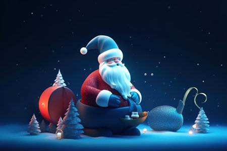 Santa Claus with a magic gift in the winter forest, 3d illustrationの素材