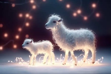 Sheep and lambs with garland lights on a dark backgroundの素材