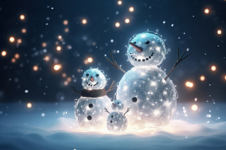 Snowman family on snowy background. Christmas and New Year concept. 3D Renderingの素材