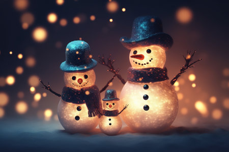 Snowman family with christmas lights on background. Christmas greeting card.の素材