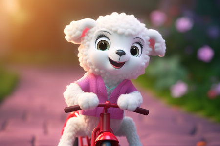 Cute sheep doll with red bicycle in the garden at sunset.の素材