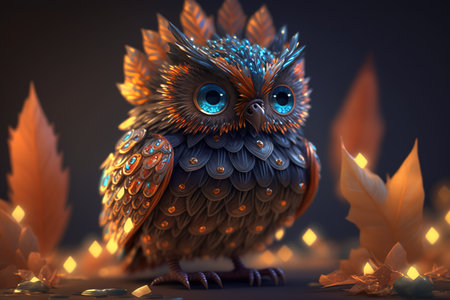Cute cartoon owl in the night forest. 3D illustration.の素材