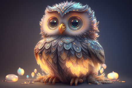 3D rendering of a cute owl with a candle in the backgroundの素材