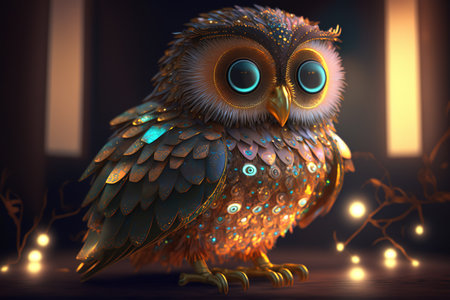 Illustration of an owl in the dark with lights in the backgroundの素材