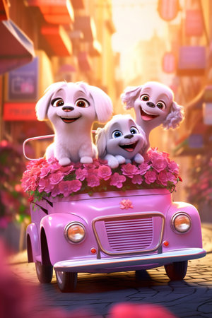 3d rendering of a group of dogs sitting on a pink carの素材