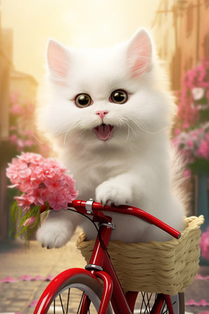 Cute white kitten sitting on a red bicycle with a basket of flowersの素材