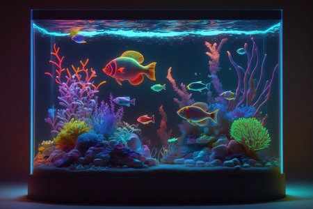 Underwater aquarium with corals and tropical fish. 3D renderingの素材