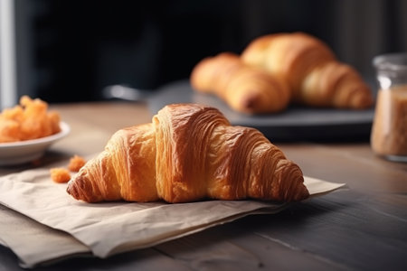 Tasty croissants on table, closeup. French breakfastの素材