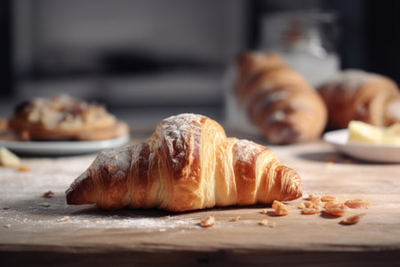 Freshly baked croissants on wooden table, closeup viewの素材