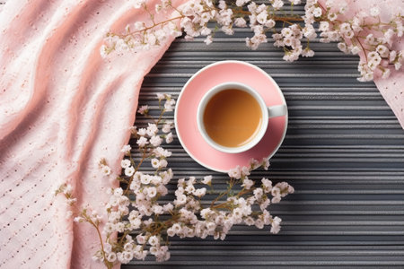 Cup of tea with pink knitted scarf and flowers on grey wooden backgroundの素材