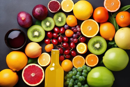 Composition with variety of fresh fruits on black background, top viewの素材