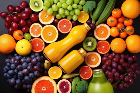 Composition with bottle of juice and fresh fruits and vegetables, top viewの素材