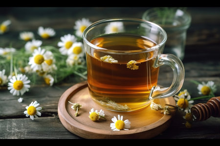 Cup of herbal tea with chamomile flowers on wooden backgroundの素材