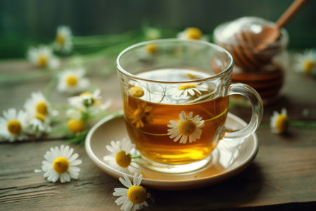 Cup of herbal tea with chamomile flowers on wooden tableの素材