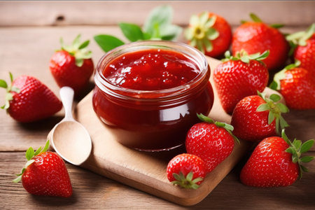 Strawberry jam in a jar and fresh strawberries on a wooden tableの素材